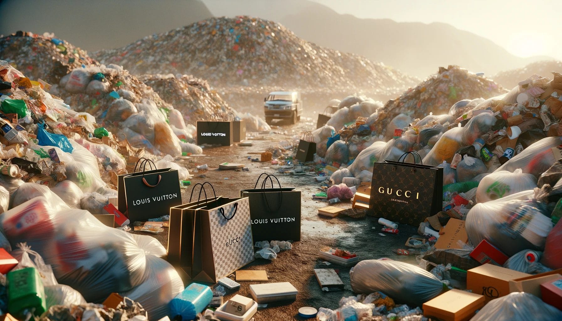 Highly realistic depiction of luxury shopping bags from brands like Louis Vuitton and Gucci scattered among heaps of trash in a landfill