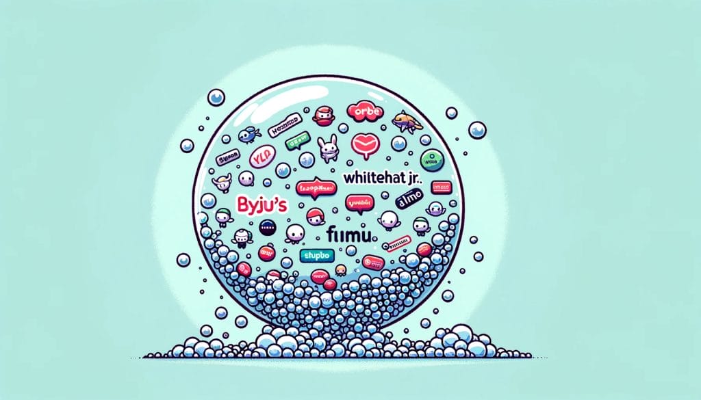 A playful 16:9 image of a bubble filled with cute logos from startups like Byju's and WhiteHat Jr, on the verge of bursting with tiny splashes around it