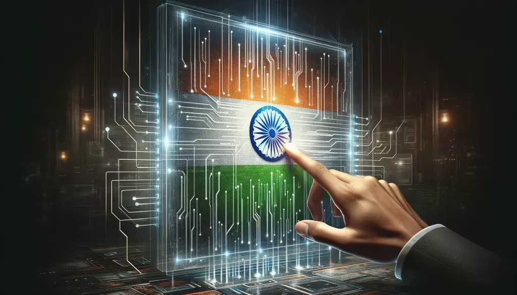 A hand reaching out to touch a translucent digital screen displaying the Indian flag